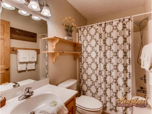 ein Bad mit einem Waschbecken, einem WC und einer Dusche in der Unterkunft Close Enough To Perfect in Sevierville