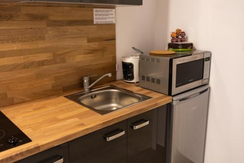 eine Küche mit Spüle und Mikrowelle in der Unterkunft Rezidence Hadovitá in Prag
