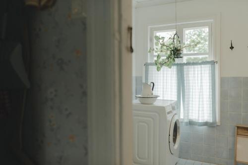 een wasmachine in een badkamer met een raam bij Lillstugan in Vöyri