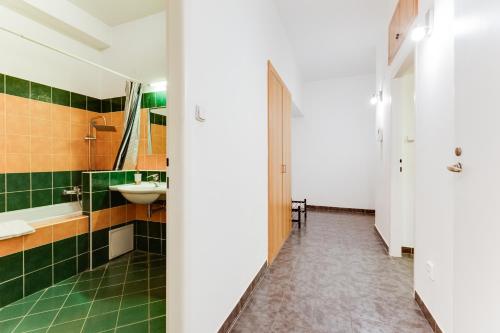 プラハにあるExclusive Riverside Apartment in the Heart of Pragueの緑のタイル張りのバスルーム(シンク、鏡付)