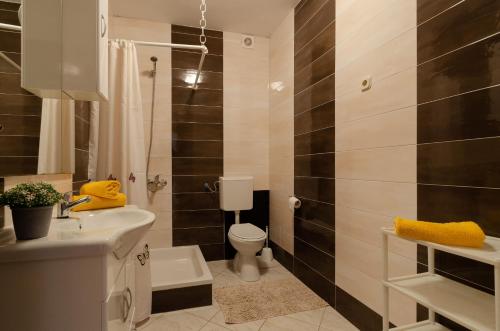 a bathroom with a sink and a toilet and a shower at Apartmani Juraj in Zavalatica