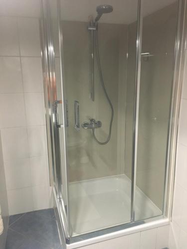 KlenzauにあるFerienwohnung 2 Hof Flühの浴室のガラス扉付きシャワー