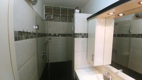 ein Bad mit einer Dusche und einem Spiegel in der Unterkunft Jerusalem Highest in Jerusalem
