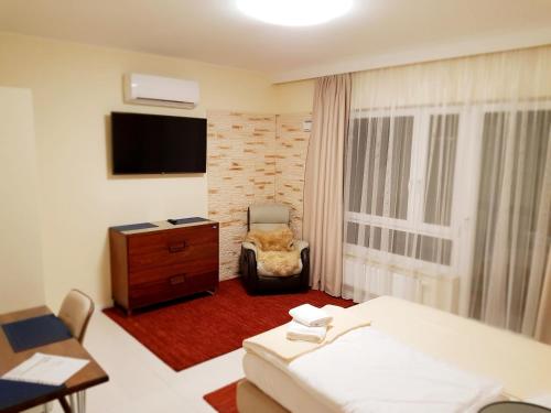 a hotel room with a bed and a tv and a chair at Apartamenty Dom Saski 10 minut od Centrum Warszawy in Warsaw