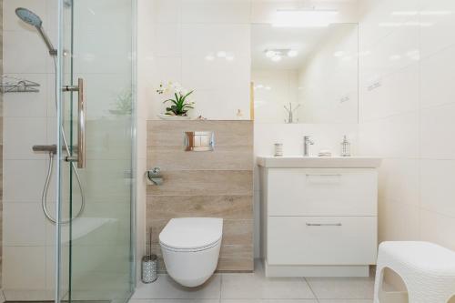 a bathroom with a toilet and a glass shower at Seaside Park Private Aurora 502 in Kołobrzeg
