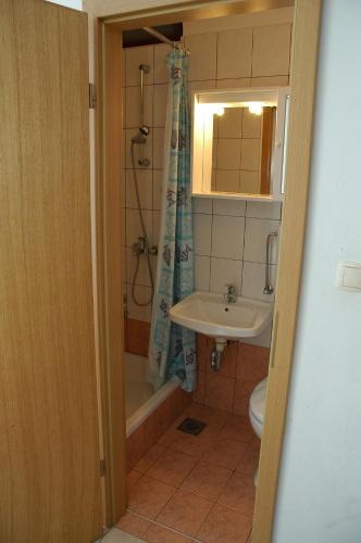 a bathroom with a sink and a shower and a toilet at Apartments Jurina in Krk