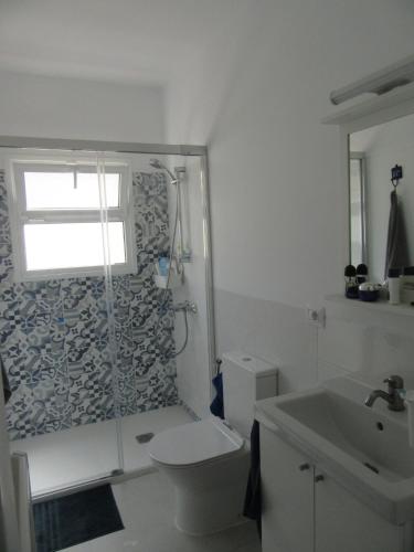a bathroom with a shower and a toilet and a sink at El Balcón de la Luna in Bajamar