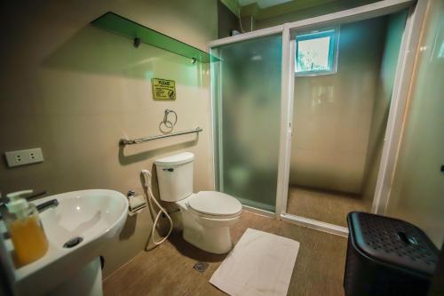 a bathroom with a shower and a toilet and a sink at Villa Esmeralda Bryan's Resort Hotel and Restaurant in Palayan City