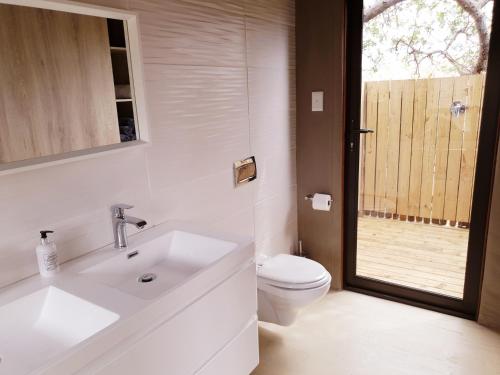 a bathroom with a white sink and a toilet at Kingfisher Creek Safari Lodge in Hoedspruit