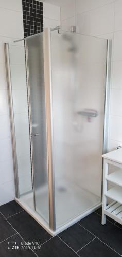 a glass shower in a bathroom with a counter at Reisezeit in Kessel