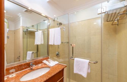 y baño con lavabo y ducha. en Metropark hotel Shenzhen en Shenzhen