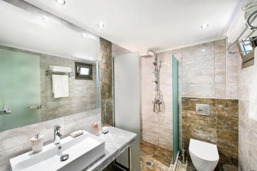 een badkamer met een wastafel, een douche en een toilet bij Aphrodite of Thassos in Skala Marion