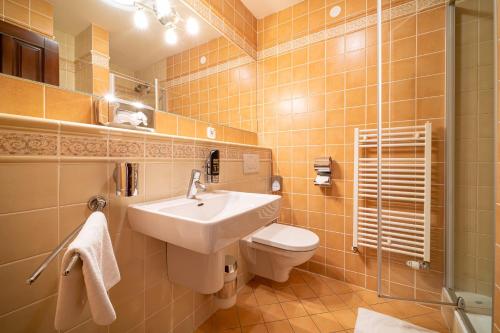 a bathroom with a sink and a toilet at Kurhotel Tivoli in Tatranská Polianka