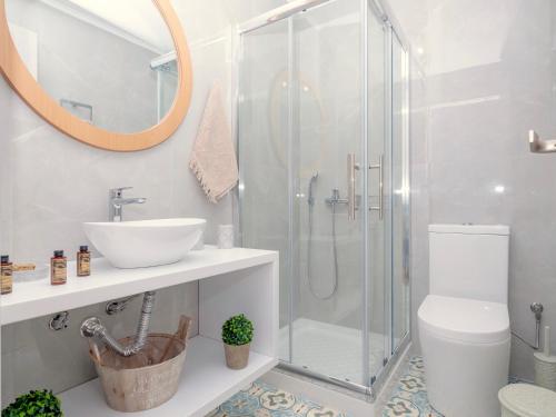 ein Bad mit einer Dusche, einem Waschbecken und einem WC in der Unterkunft Villa Sky in Skaleta