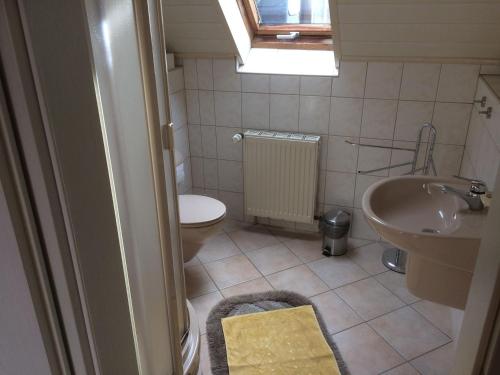 a small bathroom with a sink and a toilet at Gästezimmer Zoephel in Weimar