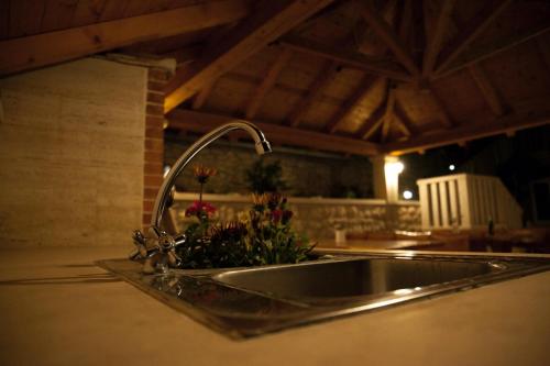 a kitchen sink with a faucet with flowers on it at Apartmani Bauk in Pučišća