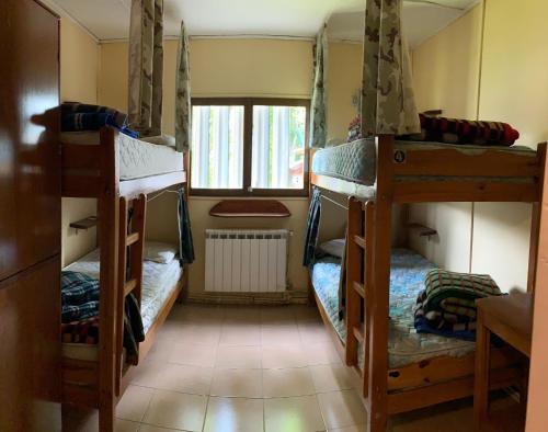 a room with three bunk beds with a window at Hostel Los Pioneros in El Calafate