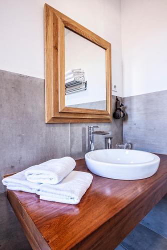 a bathroom with a sink and a mirror on a wooden counter at Hotel Spa Salinas de Imón in Imón
