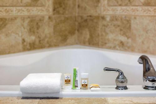 a bathroom sink with toiletries and a bath tub at La Quinta by Wyndham Dublin in Dublin