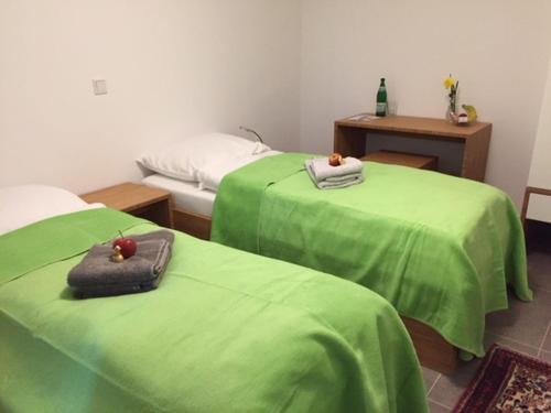 two beds in a room with green sheets on them at Haus AchtsamZeit in Hentern