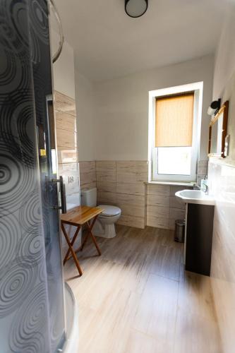 a bathroom with a toilet and a sink and a window at Miejskie Zacisze in Biłgoraj