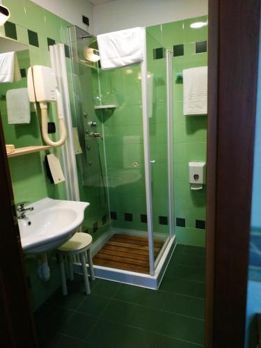 a green bathroom with a shower and a sink at Hotel Aurora in Tivoli Terme