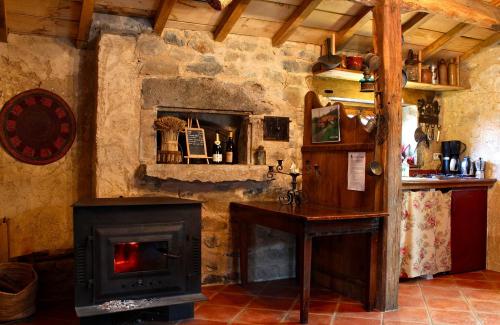 a stone room with a fireplace and a stove at Les Folies de la Serve in Ouroux