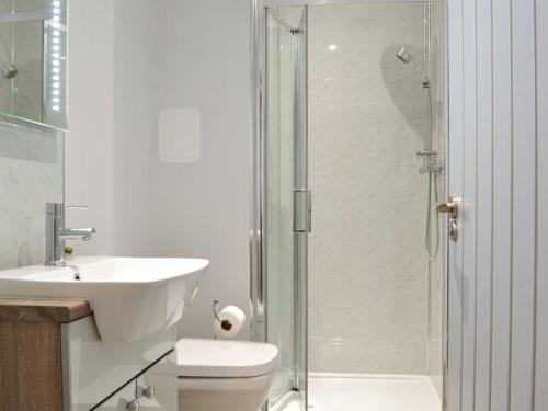 y baño con ducha, aseo y lavamanos. en Grosvenor House APT 2, en Aberystwyth