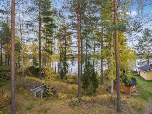 eine Hütte im Wald neben einem See in der Unterkunft Holiday Home Orava-apaja by Interhome in Pitkälahti