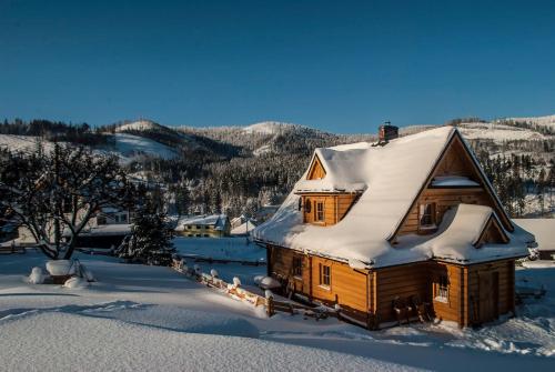 a log cabin with snow on the roof at Chatka Pod Laskiem - Domki w górach in Soblówka