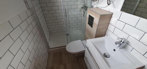 a small bathroom with a toilet and a sink at Prażmowo 49 in Prażmowo