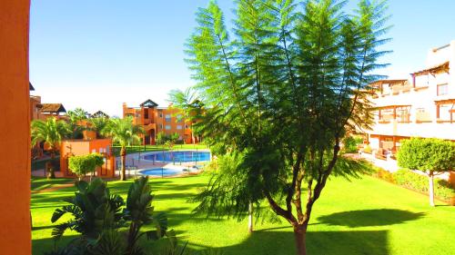 un árbol en medio de un césped con edificios en Casares Vacations, en Casares