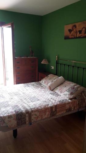 1 dormitorio con cama y pared verde en Apartamento Erta, en Pla de l'Ermita
