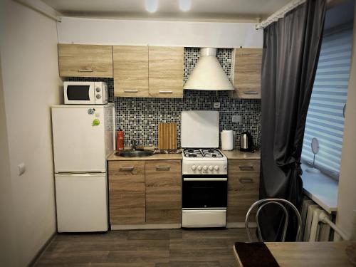 スヴェトロゴルスクにあるRauschen apartmentsのキッチン(白い冷蔵庫、コンロ付)