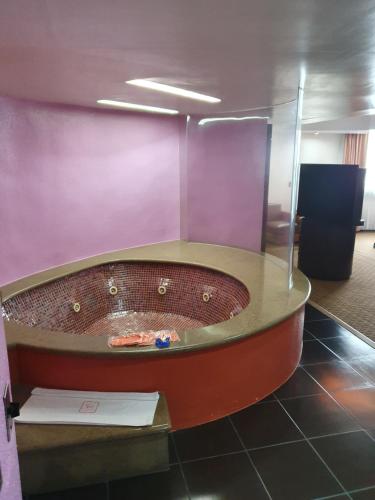 a tub in a room with a purple wall at HOTEL VALLE DEL SUR in Mexico City