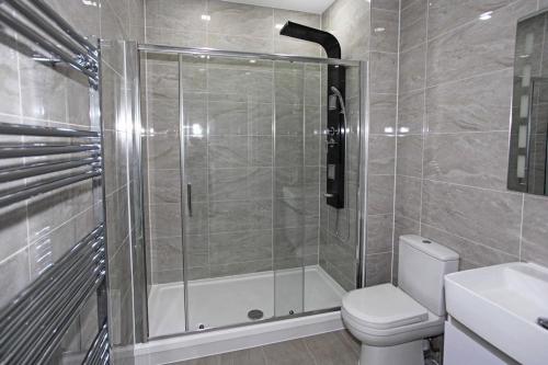 ein Bad mit einer Dusche, einem WC und einem Waschbecken in der Unterkunft Sapphire House Apartments in Telford