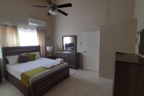 1 dormitorio con 1 cama y ventilador de techo en Gorgeous hideout, close to tourist attractions in Jamaica en Belle Air Summit