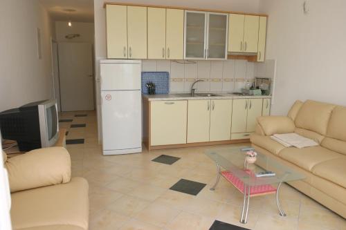 eine Küche und ein Wohnzimmer mit einem Sofa und einem Tisch in der Unterkunft Villa Nelo in Podaca