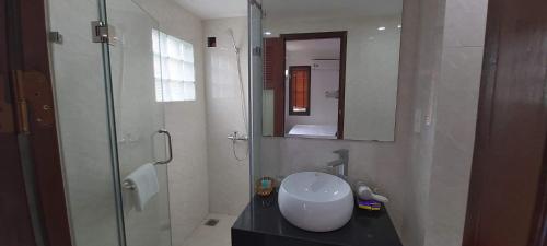 bagno con lavandino e doccia in vetro di Hanoi Endless Hotel a Hanoi