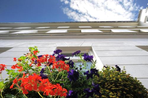 a window on the side of a house with flowers at Hotel Meyer in Glauchau