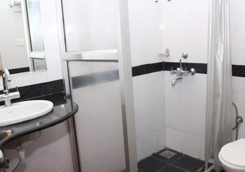 a bathroom with a shower and a sink and a toilet at Time & Leisure Hotels in Candolim