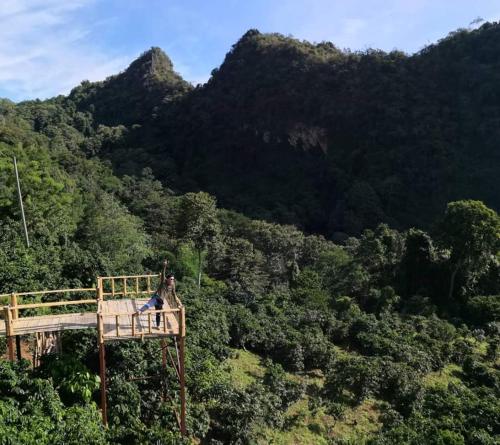 a person standing on top of a bridge in the forest at ม่านฟ้า โฮมสเตย์ MaanFah Homestay in Chiang Rai