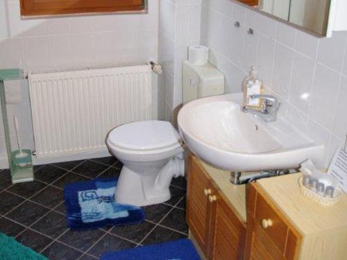 La salle de bains est pourvue de toilettes blanches et d'un lavabo. dans l'établissement Annettes Ferienstübchen, à Bad Berka