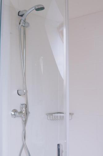 a shower in a bathroom with a glass door at Penzion Červená voda -penzion s dotekem dálek in Červená Voda