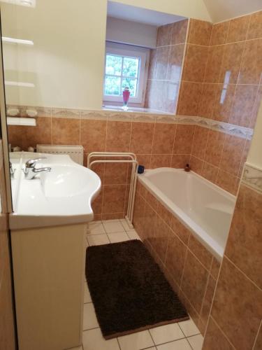 une salle de bain avec un lavabo et une baignoire dans l'établissement La haye Georget, à Feneu