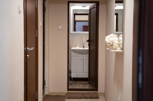 baño con lavabo y espejo grande en Hotel Velista, en Voneshta Voda