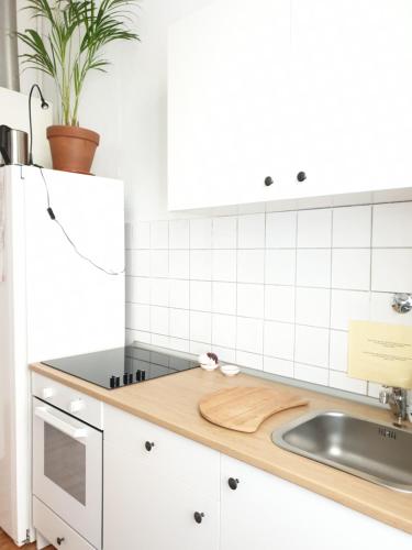 a kitchen with a sink and a white refrigerator at Apartment center Friedrichshain in Berlin