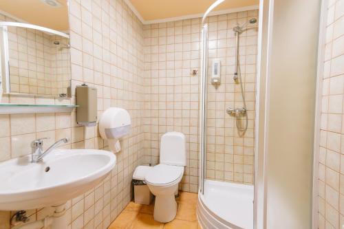 La salle de bains est pourvue de toilettes, d'un lavabo et d'une douche. dans l'établissement Atpūtas parks Lācītes, à Gulbene
