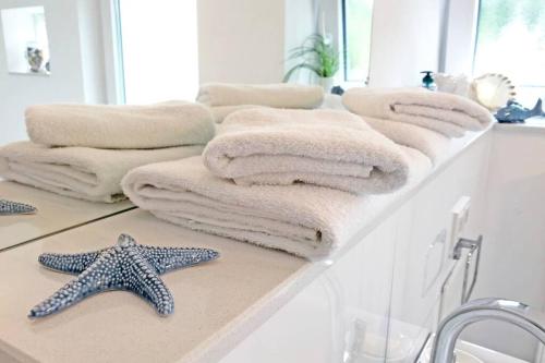 bagno con asciugamani e bancone con specchio di Dream Green Apartment 'Meadow' a Gladenbach