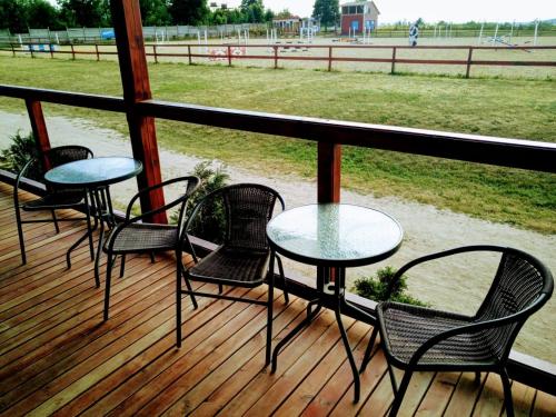 a group of tables and chairs on a deck with a field at Pension Jezdecké centrum Kočík in Stružná